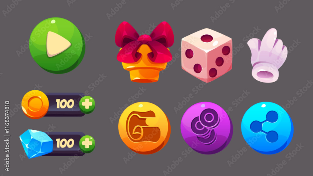 Poster game interface elements set - colorful ui buttons with play icon, crystal currency bar, gift box wit