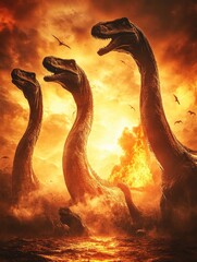 Three towering dinosaurs against a fiery sunset, evoking a prehistoric atmosphere.