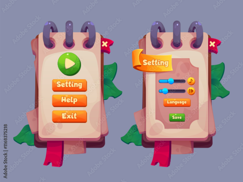 Poster game interface menu design with notepad style panels and leaves. main screen displays play button, s