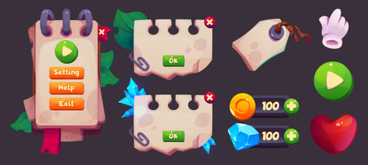 Game interface elements pack with notepad menu design. Spiral bound panels with navigation buttons, crystal and coin counters. RPG assets of heart health icon, play control, blue gems and green leaves