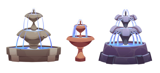 Cartoon water fountain collection - decorative stone structures with flowing streams, glowing blue arches, tiered basins and ornamental designs. Garden architecture elements for park landscape.
