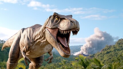 Fototapeta premium A roaring dinosaur in a lush, prehistoric landscape.