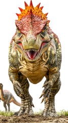 A vibrant dinosaur model with spikes, showcasing a fierce expression in a natural setting.