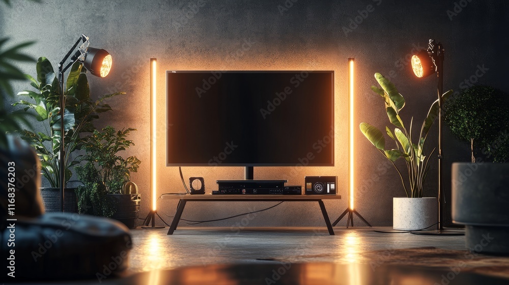 Poster a simple, elegant studio setup with a black gradient background and focused light accents, providing