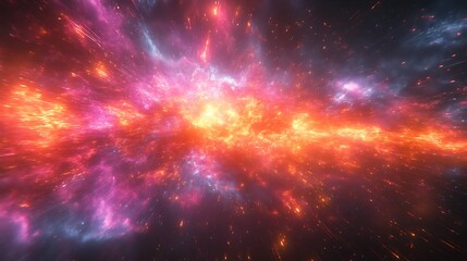 Fototapeta premium Abstract cosmic explosion with vibrant pink, orange, and blue nebulae.