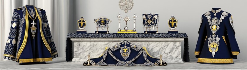 Ornate ceremonial garments and accessories displayed on a table, showcasing religious significance.