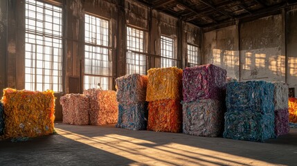 Colorful Recycled Material Bales in Sunlit Warehouse