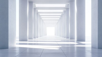 Obraz premium Bright white colonnade hallway with light at the end.