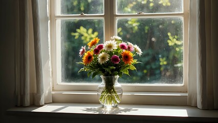 Vibrant flower bouquet in a glass vase on a sunlit windowsill.  Peaceful, serene atmosphere.