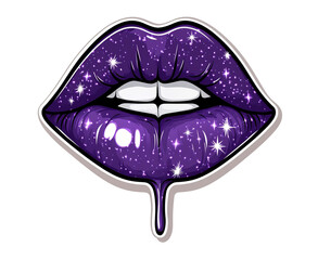 A cartoon-style sticker features purple lips with glitter dripping and sparkling stars, set against a transparent background, perfect for quirky Valentine's Day or beauty designs.