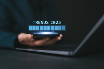 Trends 2025 year concept, trends in 2025 with a loading bar, Trends of SEO 2025, trend for marketing monitor, progress bar 2025, business planning in new year, Finding information and new ideas,