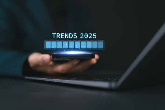 Trends 2025 year concept, trends in 2025 with a loading bar, Trends of SEO 2025, trend for marketing monitor, progress bar 2025, business planning in new year, Finding information and new ideas,