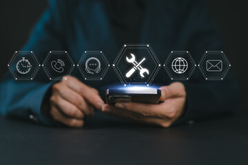 Technical Support and Customer Service Concept. Icon of tools, with icons for customer service, 24-7 support, communication, and technical maintenance. Business technology in customer assistance.