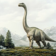 Fototapeta premium A large dinosaur stands majestically in a misty, mountainous landscape.
