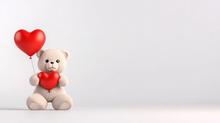 A cute teddy bear holding heart balloons for a romantic theme.