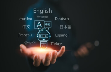 AI-Powered Language Translate App Concept. Women holds displaying an AI powered language...