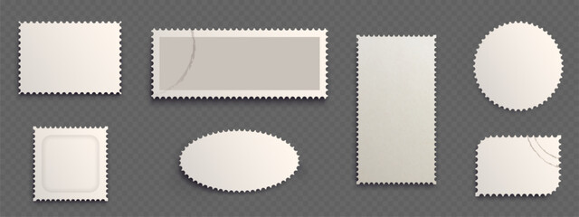 Postage stamp blank frame collection of various shapes - rectangular postal frames, circular mail form, oval vintage template, perforated edges. Mockup elements for postal correspondence design.