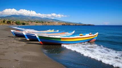 Fototapeta premium Colorful boats on a sandy beach with a clear blue sky.