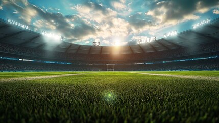 Close-up of a cricket ball lying on a grass field with blurred stadium lights in the background.