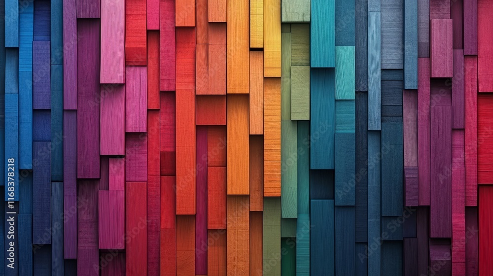 Poster a textured wooden wall design showcasing planks in a spectrum of colors, arranged in a mosaic-style 