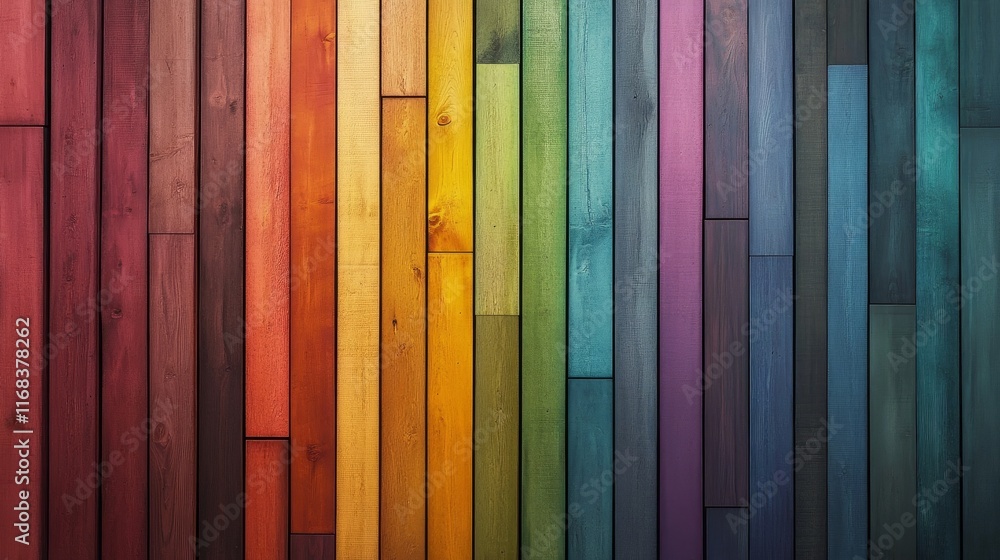 Poster a textured wooden wall design showcasing planks in a spectrum of colors, arranged in a mosaic-style 