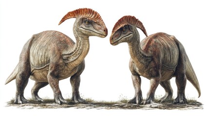 Fototapeta premium Two dinosaur-like creatures with distinctive crests standing side by side.