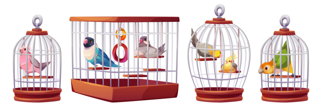 Colorful parrots in metal cage - silver enclosures with wooden bases and silver handles. Exotic birds with pink, blue, yellow, green plumage sitting inside white bars. pet shop or aviary elements.