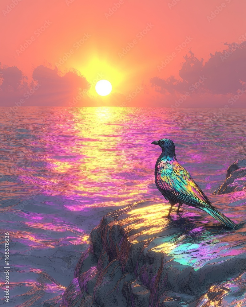 Wall mural A colorful bird stands on a rocky shore at sunset, reflecting vibrant hues on the water.