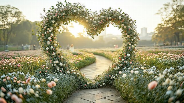 Heart-Shaped Floral Archway in a Garden at Sunset