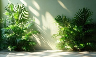 Fototapeta premium Green Background with Shadow of Palm Leaves on Light Wall for Minimalist Product Display