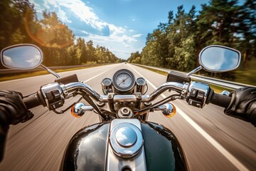Naklejka premium Motorcycle driver on asphalt motorway capturing travel and freedom.