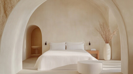 serene bedroom featuring minimalist design with soft, neutral tones, arched architecture, and natural elements like dried flowers in vase