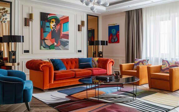 Stylish bright addictive living room dopamine interior design. Clutter core maximalism aesthetics, cozy, chaotic, busy, vibrant, whimsical abundance, charming joy, eclectic mishmash, organised chaos