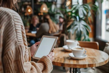 Close-up photo of Woman Holding Tablet and Two Cups in Cozy Coffee Shop Scene
