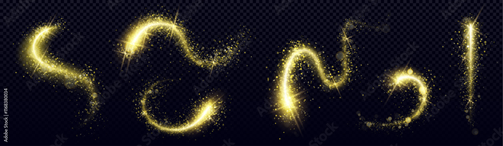 Poster gold glitter swirls with luminous sparkle effect and magical dust particles. shimmering curved paths