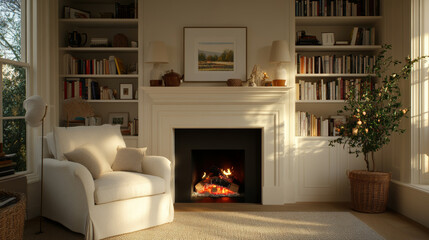 cozy living room featuring white armchair, fireplace, and bookshelves filled with books. warm ambiance is enhanced by natural light and decorative elements