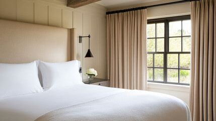 Obraz premium Luxurious bedroom with cozy bed, soft linens, and elegant curtains. natural light from window enhances serene atmosphere, perfect for relaxation