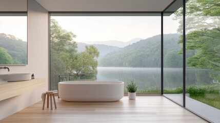Fototapeta premium Modern bathroom with large window overlooking serene lake and forest