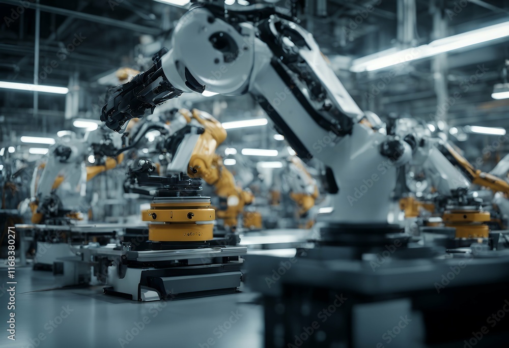 Poster manufacturing high automated car line view front robot factory tec assembly arm digitalization
