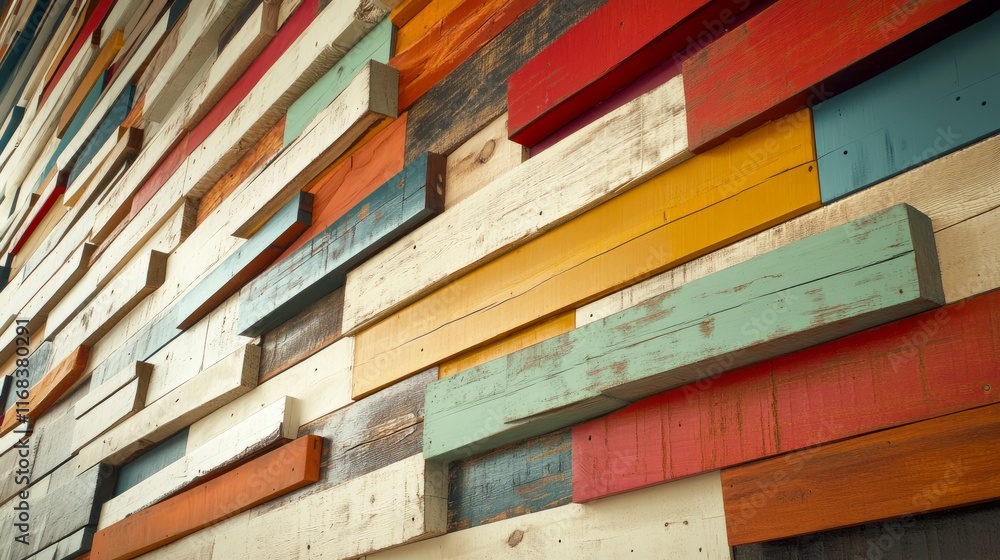 Poster an abstract wooden wall installation featuring planks in various colors, angled to create a dynamic 
