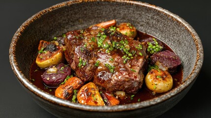 Fototapeta premium A beautifully plated dish featuring a juicy piece of meat with assorted roasted vegetables.