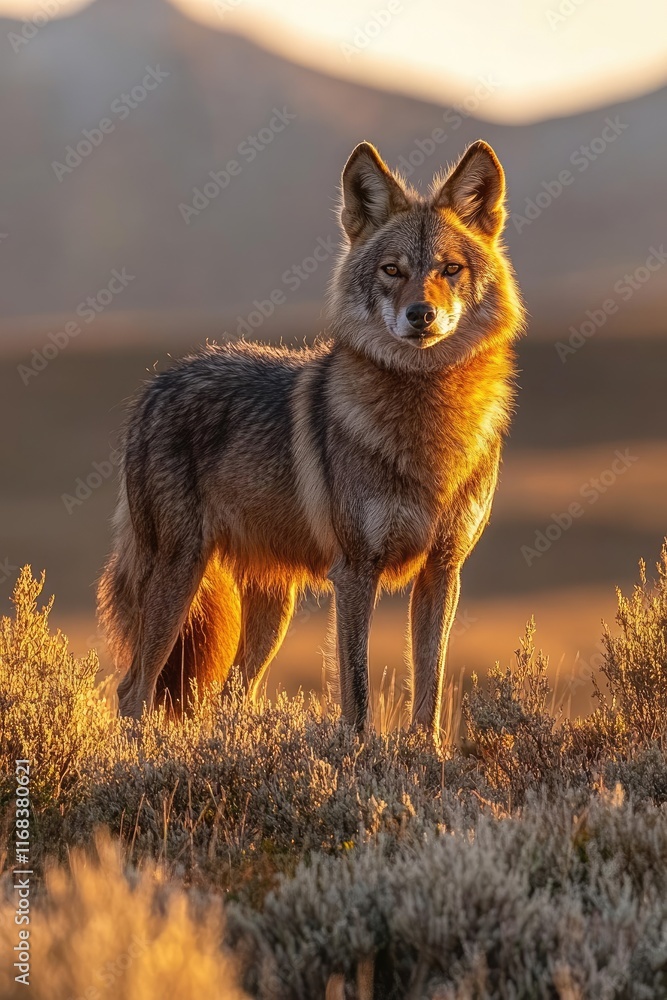 Wall mural A coyote stands majestically in a sunlit landscape, highlighting its natural beauty.