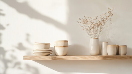 Minimalist shelf display with ceramic pots, bowls, and dried flowers, creating serene and elegant atmosphere. soft shadows enhance aesthetic appeal