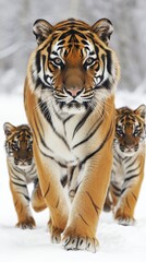 Naklejka premium A majestic tiger and her cubs walking through a snowy landscape.