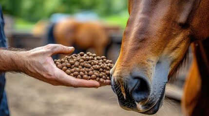 Obraz premium A person feeding horse pellets to a horse in a farm setting.