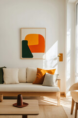 modern interior featuring cozy sofa with colorful cushions, minimalist coffee table, and abstract wall art piece. sunlight creates warm atmosphere