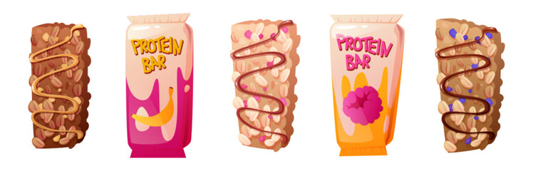 Protein bars set isolated on white background. Vector cartoon illustration of sweet cereal snack with dried fruits, honey, chocolate and caramel topping, raspberry and banana on wrapping, healthy food