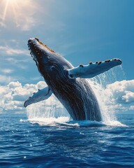 Fototapeta premium A humpback whale breaches the ocean's surface, creating a dramatic splash against a blue sky.