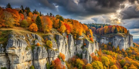 Autumnal Limestone Cliff, Swabian Alb, Germany: Dramatic Landscape Photography