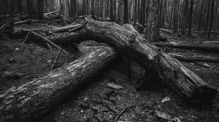 Fototapeta premium Fallen Logs in a Dark Forest Scene